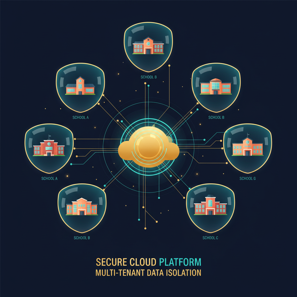 Multi-school data isolation diagram showing each school connected to a central secure cloud platform with individual shield protection